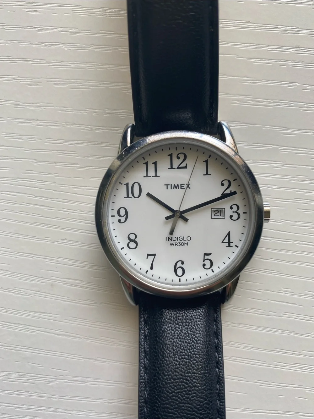 Timex Silver Case Watch with Black Leather Strap and White Dial
